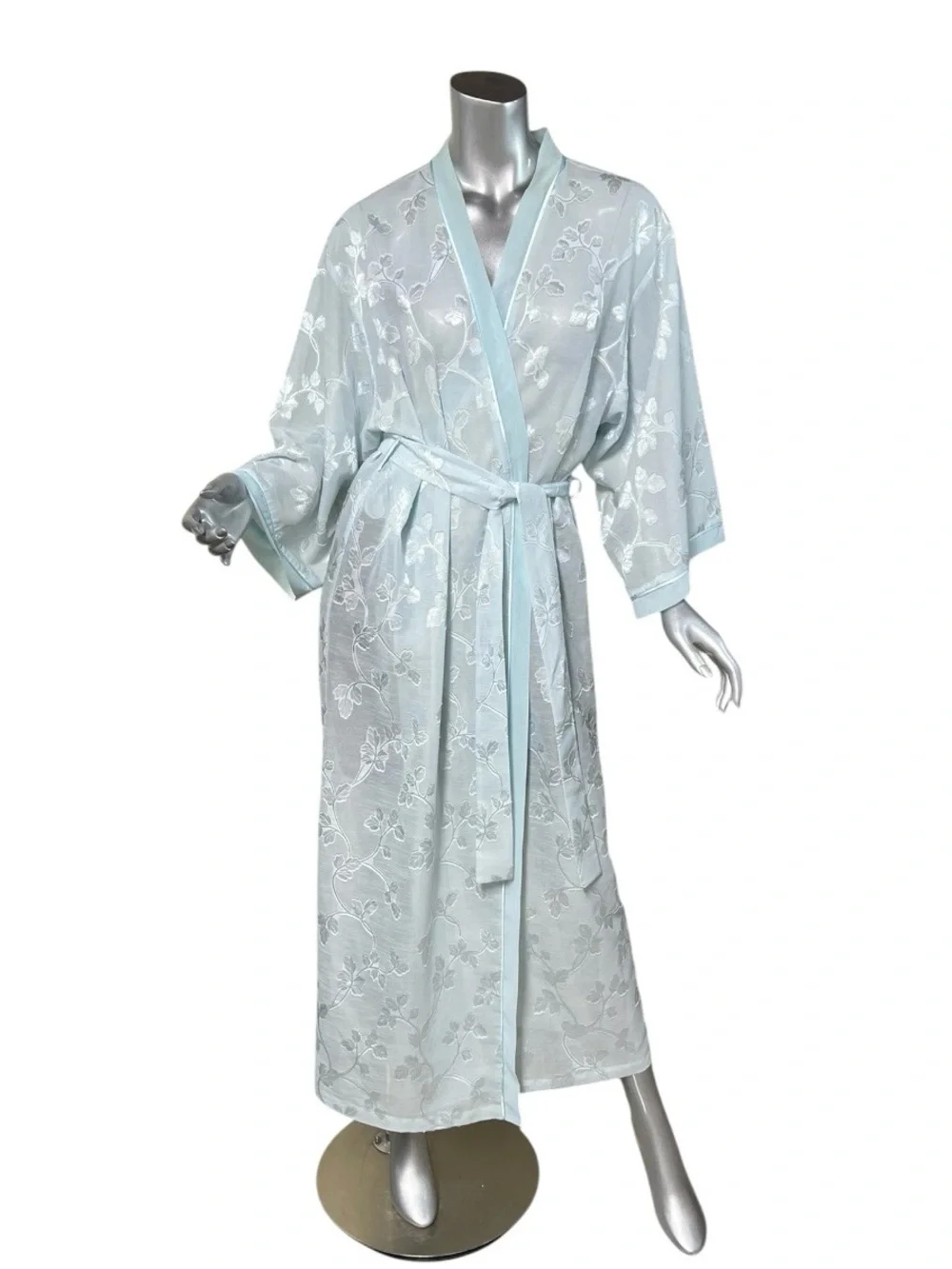 Oscar de la Renta Pink Label Floral Semi Sheer Aqua Light Blue Long Robe LARGE
